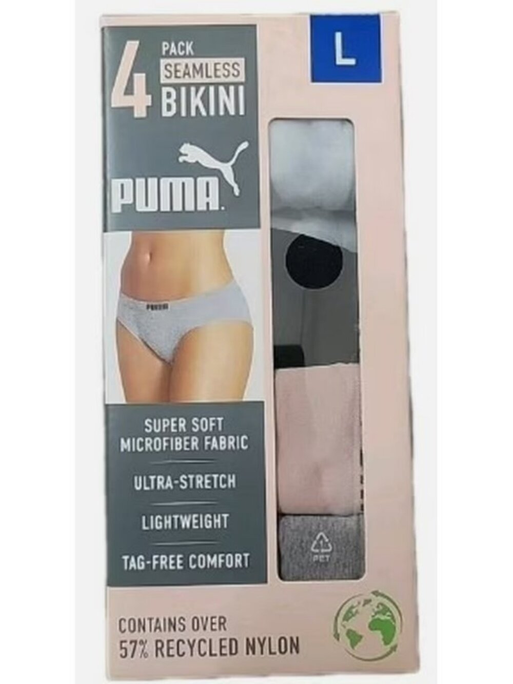 Puma Women's 4 Pack Multicolor Seamless Bikini Underwear, Size L